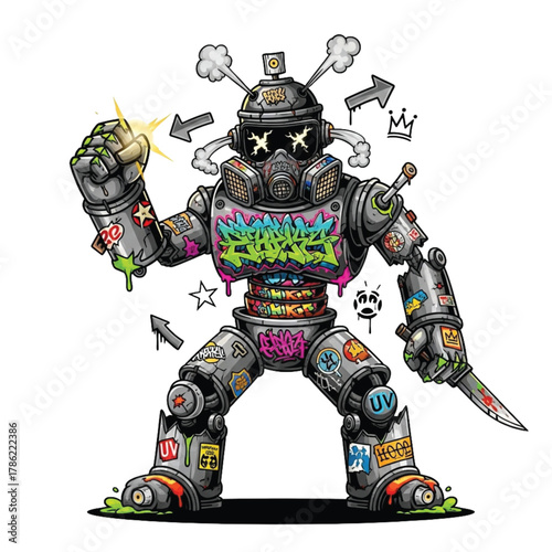 Dynamic graffiti robot warrior unleashes powerful energy blast with spray paint can head and knife