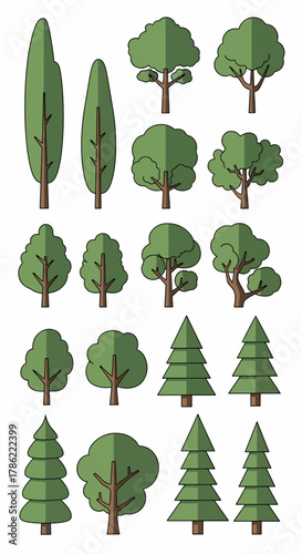 Collection of Diverse Flat Design Trees, Including Deciduous and Coniferous Species, Isolated on White