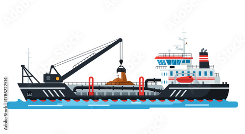 Dredging Vessel with Crane Loading Sediment Vector Illustration