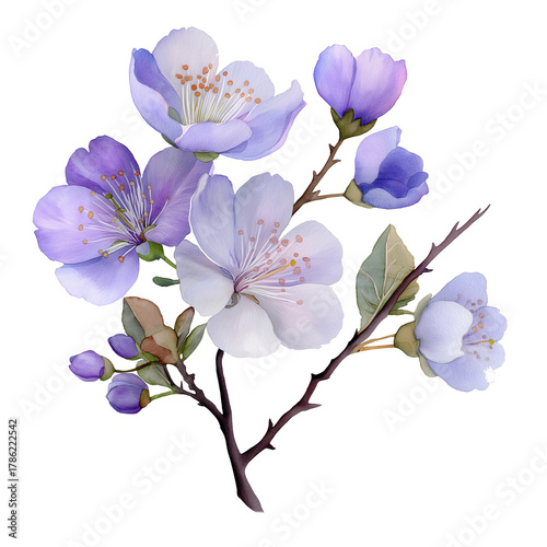 Watercolor elaren blossom with soft periwinkle and white tones, isolated on a white background, clear edges, botanical clipart style. 
