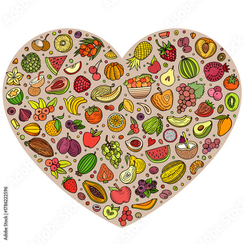 Colorful vector set of Fruits cartoon doodle objects, symbols and items. Heart form composition
