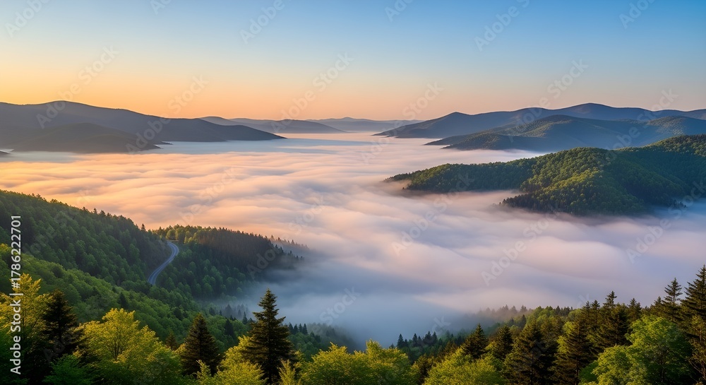 Fototapeta premium Scenic view of mountains covered with fog during sunrise in black forest, germany