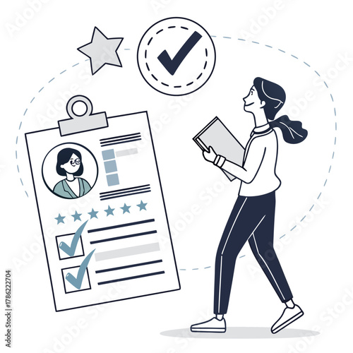 A woman reviews a resume with stars and checkmarks representing a successful job application and candidate selection process