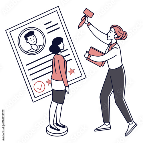 A recruiter examines a candidate s resume and profile using a stamp to approve the applicant s qualifications and suitability for the job