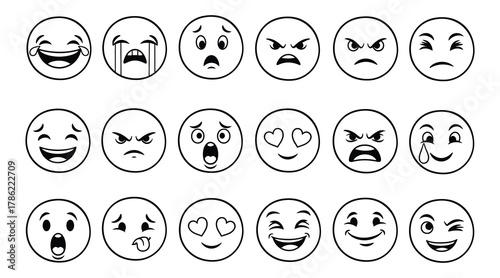 Collection of hand drawn oval faces expressing various emotions