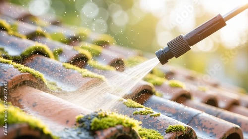 close-up of a high-pressure sprayer removing green moss and algae from old clay roof tiles during outdoor maintenance work