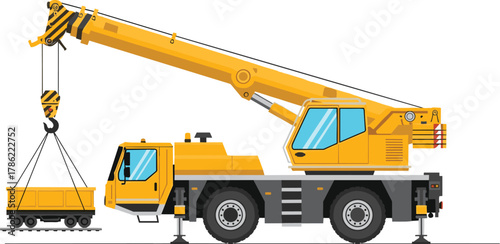 Yellow Mobile Crane Truck Lifting Load Vector Illustration