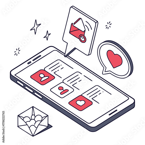 Isometric illustration of a smartphone displaying social media profiles with notification icons for messages and likes alongside a separate envelope icon symbolizing communication and connection