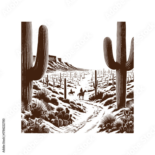 Cowboys Riding Through Desert Cactus Landscape — Black and White Western Line Art