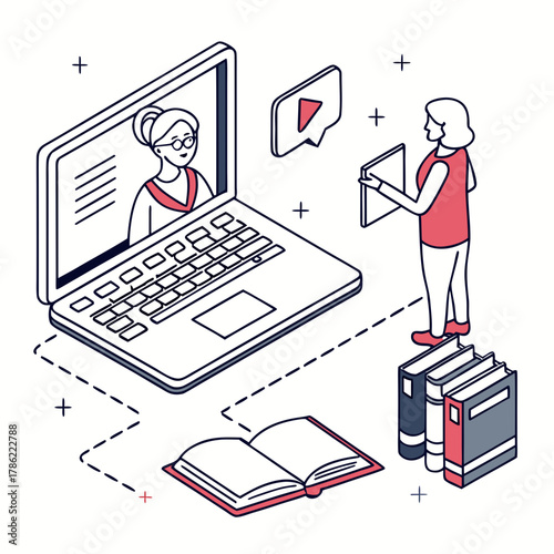 Modern online education concept with a woman holding a tablet interacting with a laptop displaying a teacher and a video play icon nearby surrounded by books