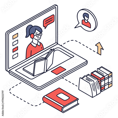 Online learning concept illustration showing a laptop with a student on screen and books representing knowledge acquisition and educational content delivery