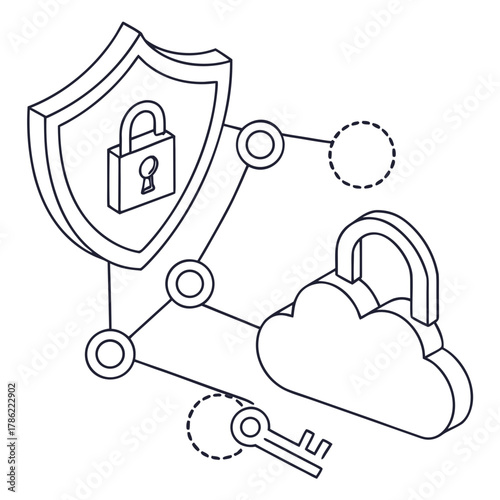 Conceptual isometric illustration of digital security and data protection featuring a shield with a padlock a cloud with an unlocked padlock and a key connected by a network of lines and circles