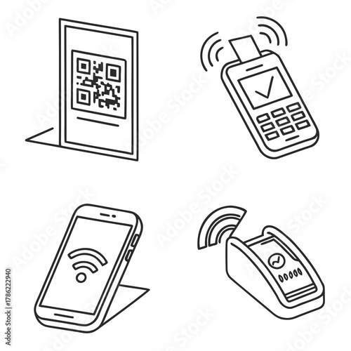 Set of four isometric line art icons representing modern payment methods including qr code scanning contactless payment with a mobile phone and card reader transactions