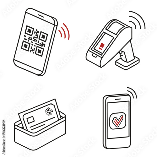 Illustration depicting contactless payment methods including a smartphone with a qr code a payment terminal a card in a holder and a smartphone displaying a successful transaction confirmation