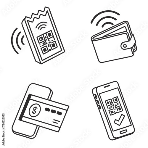 Collection of simple line art icons representing modern payment methods including digital wallets qr codes and contactless transactions