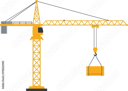 Yellow Tower Crane Lifting Container Vector Illustration