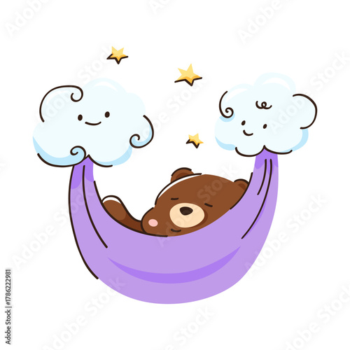 Baby bear sleeps in a hammock suspended from a cloud. hand drawn.