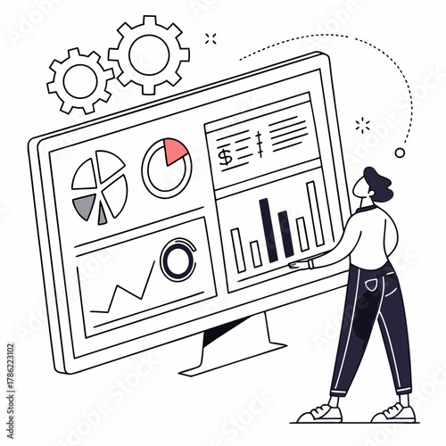 A person analyzes financial data and charts on a large computer screen displaying various graphs and statistics with gears in the background symbolizing business operations and strategy