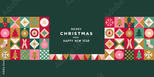Merry christmas and happy new year greeting card with festive geometric patterns and holiday symbols