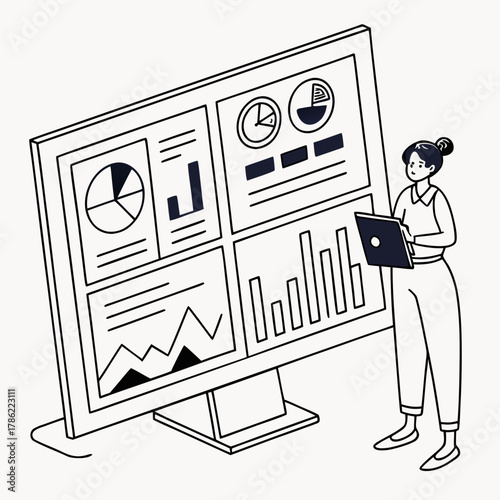 A woman stands with a laptop analyzing a large computer monitor displaying various charts and graphs representing data analysis and business intelligence
