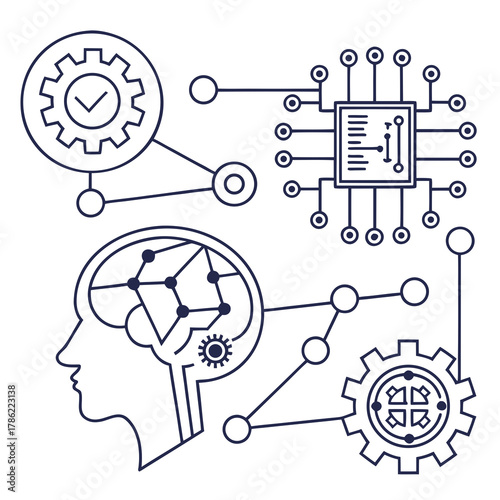 Conceptual illustration of artificial intelligence and machine learning with interconnected elements representing data processing human cognition and technological innovation