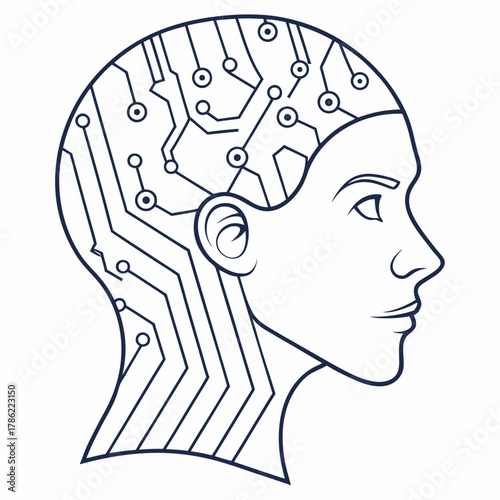 Stylized outline of a human head profile with internal circuitry representing the brain and artificial intelligence concept
