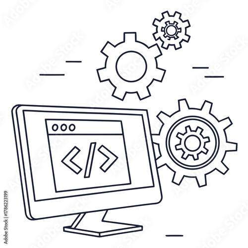 Computer screen displaying code symbols and interconnected gears representing software development programming and engineering processes