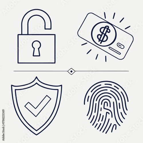A collection of four simple line art icons representing security concepts including an unlocked padlock a credit card with a dollar sign a shield with a checkmark and a fingerprint