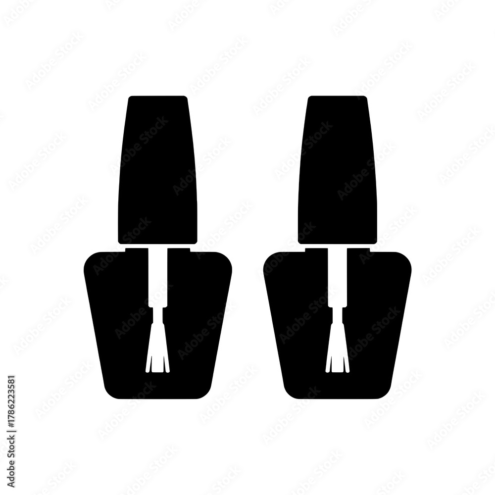Fototapeta premium Two Identical Solid Black Flat Nail Polish Bottle Icons with Applicator Brushes, Horizontally Arranged on White Background