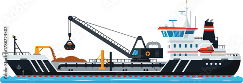 Dredging Vessel with Crane Industrial Marine Vector Illustratio