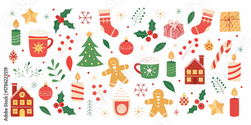 Whimsical christmas pattern with gingerbread men ornaments and festive decorations