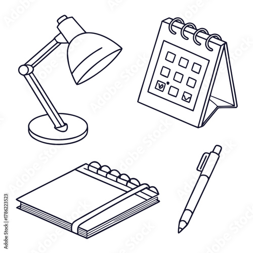 A simple line art illustration of essential desk items including a desk lamp a spiral bound notebook a desk calendar with checked dates and a ballpoint pen all isolated on a white background