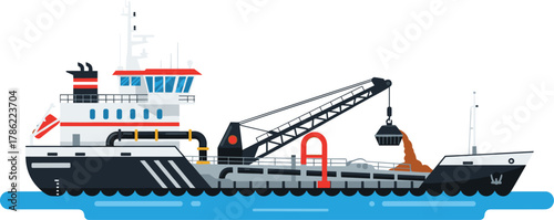 Dredging Ship with Crane Arm Marine Engineering Vector