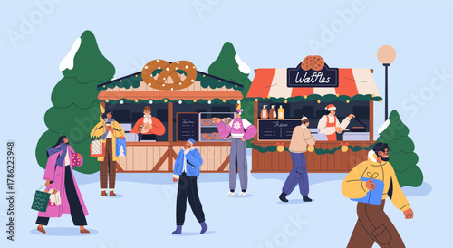 Christmas holiday market, people walking outdoors. Winter seasonal cafe stalls, booths, street fair in cold season, Xmas advent. Festive shopping, wintertime preparations. Flat vector illustration.