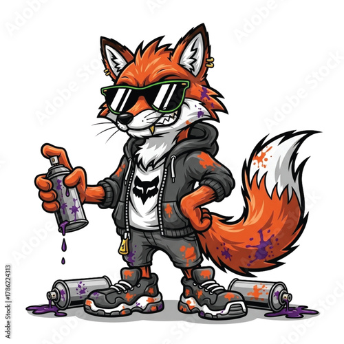 Cool graffiti fox with spray cans, rockstar attitude, vibrant street art style, urban vibe, energetic and playful character design