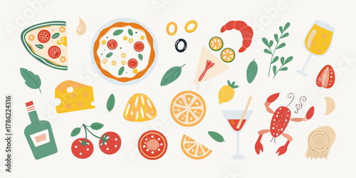 A vibrant collection of italian food and drink elements including pizza cheese wine and seafood