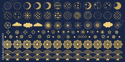 Collection of golden celestial and floral motifs on a deep blue background