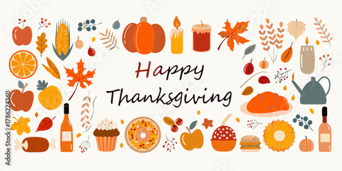 Happy thanksgiving greeting card with autumn harvest decorations and food elements