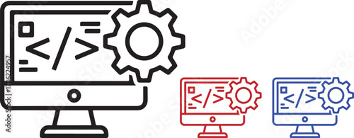 Computer screen with code symbols and gear icon for software development and engineering