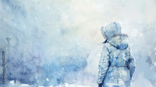 Person in winter coat standing in snowy landscape with soft light  