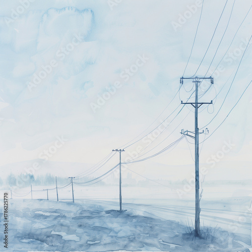 Watercolor landscape of power lines stretching across a foggy field  