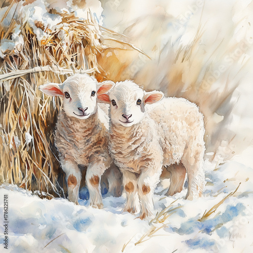Two cute lambs standing together in snowy field beside haystack  