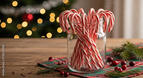 Festive Red and White Candy Canes in a Jar with Christmas Tree Lights Background
