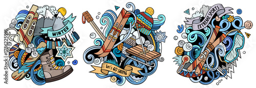 Ski Resort cartoon doodles illustrations set