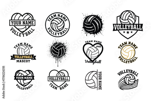 Volleyball Team Logo Bundle, Mascot Emblems, Heart Designs, Sports Ball Vector Set