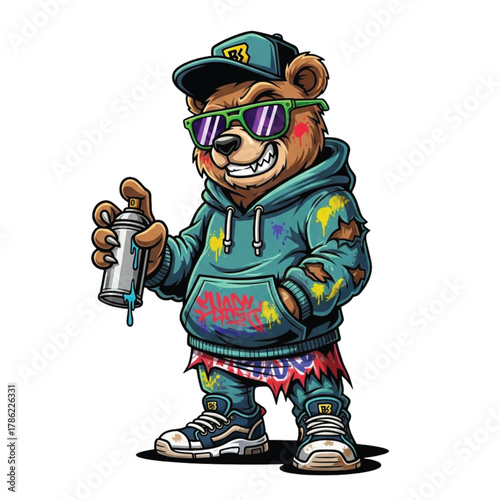 Cool cartoon bear artist rocking stylish streetwear and sunglasses holds spray paint can ready to create vibrant urban art