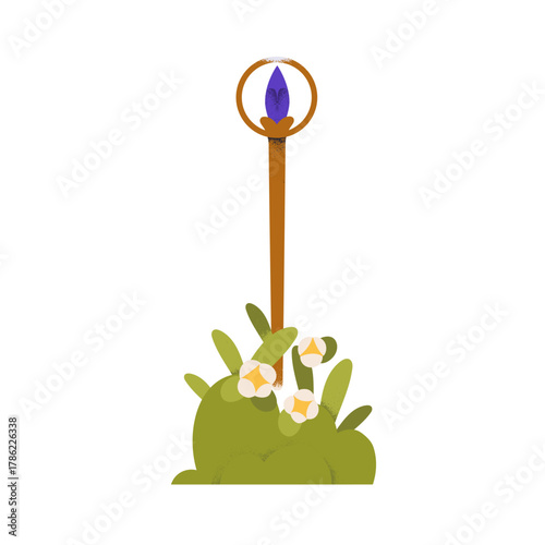 Magic mystic staff with gem in flower blooms, leaves. Esoteric sacred ritual stick wand with gemstone, crystal. Spiritual power symbol, concept. Flat vector illustration isolated on white background.