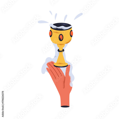 Overflowing, spilling water, liquid from golden chalice. Hand holding goblet with excessive fluid, drink splashing out. Abundance symbol, concept. Flat vector illustration isolated on white background