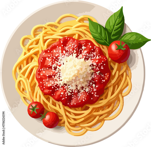 Spaghetti Plate with Tomato Sauce, Parmesan, and Basil Vector – Classic Italian Pasta with Fresh Tomatoes
