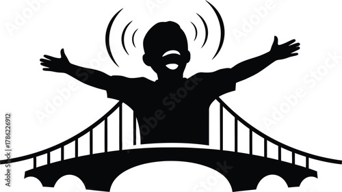 Silhouette of Excited Person Standing on Bridge Spreading Arms in Exuberance with Sound Waves